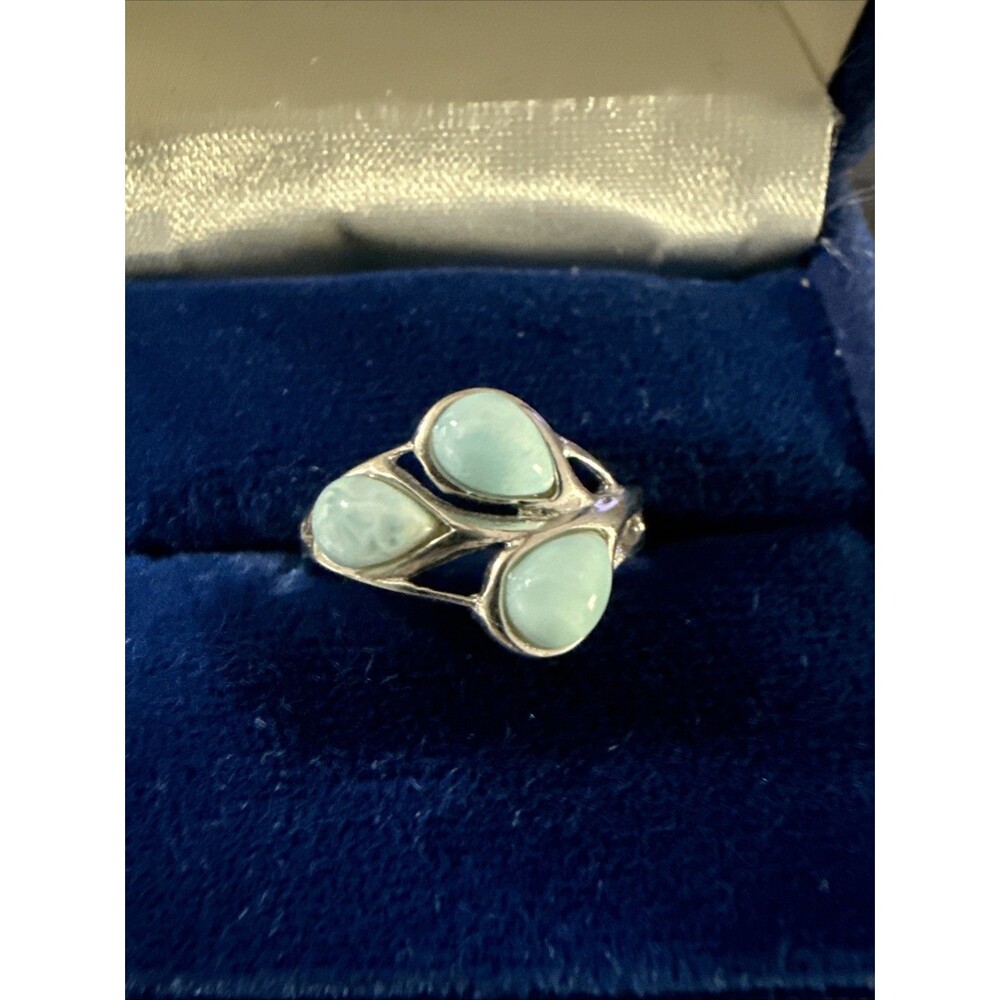 Sky Blue LARIMAR Pear Shaped 3 Stone Ring Size 6.25 925 Sterling Silver NWOT